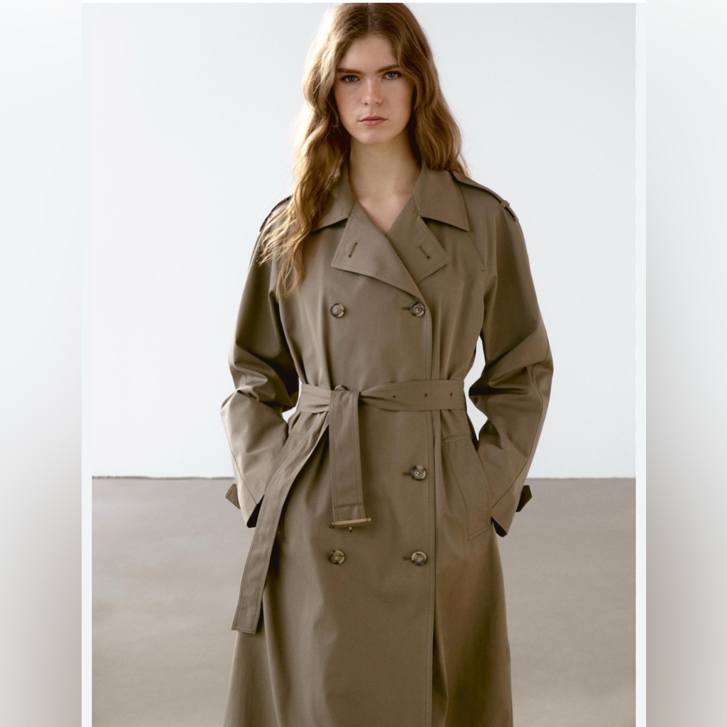 Massimo Dutti Classic Water-Repellent Trench Rain Coat Khaki Tan Nwt L